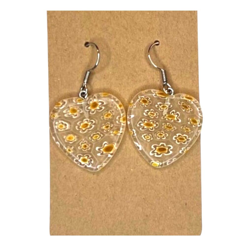 Handmade Clear Resin Heart Daisy Drop Earrings Silver Tone Floral